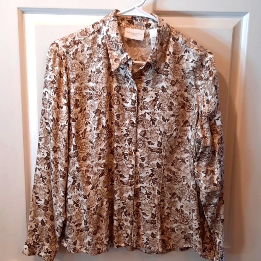 Liz Claiborne Brown Floral Print Rayon Button Down sizeMP